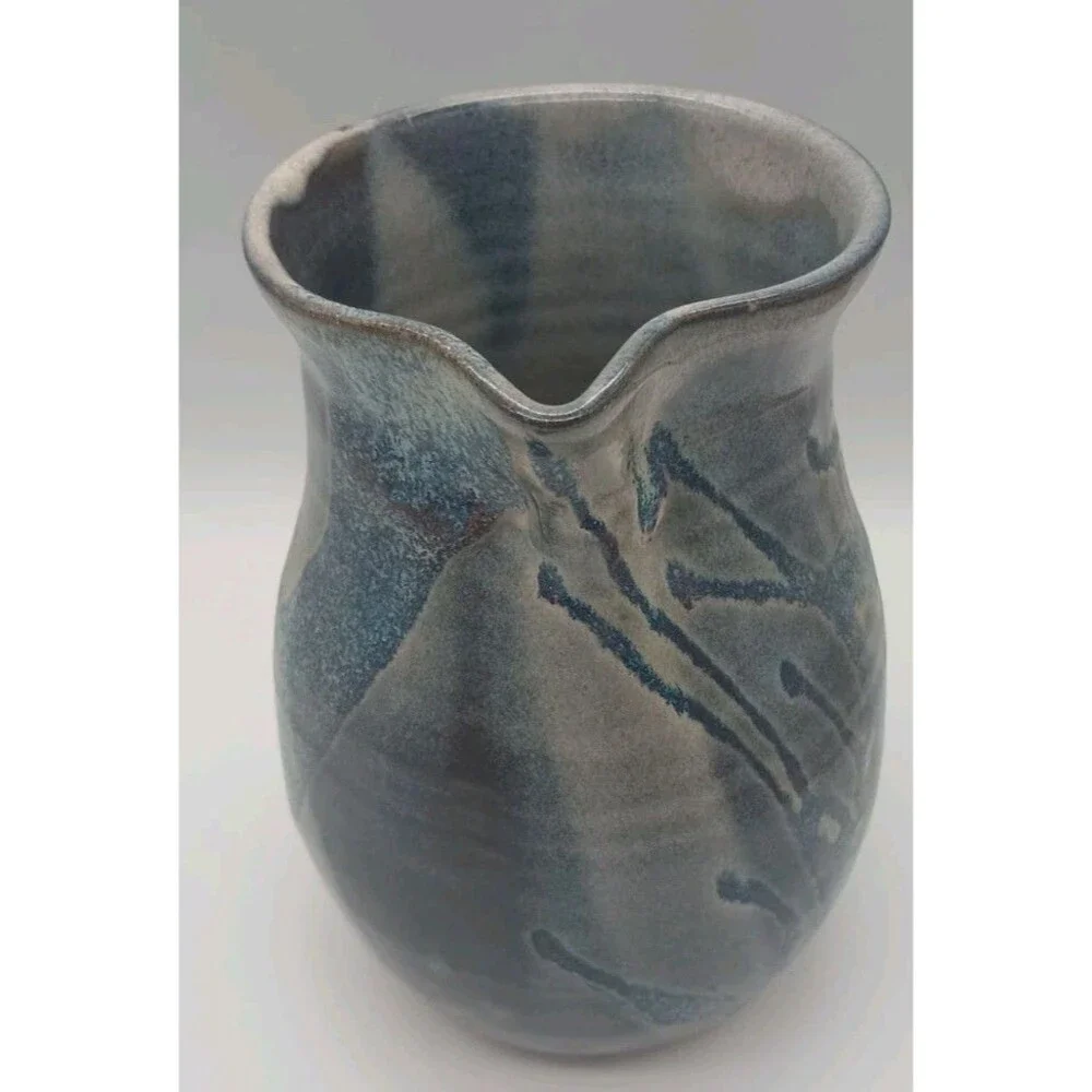 Studio Pottery Pitcher Signed Blue Gray Drip Redware